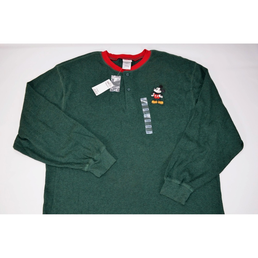 Nwts Disney Store XL Green Thermal Shirt Embroidered Mickey Long Sleeve Red Trim